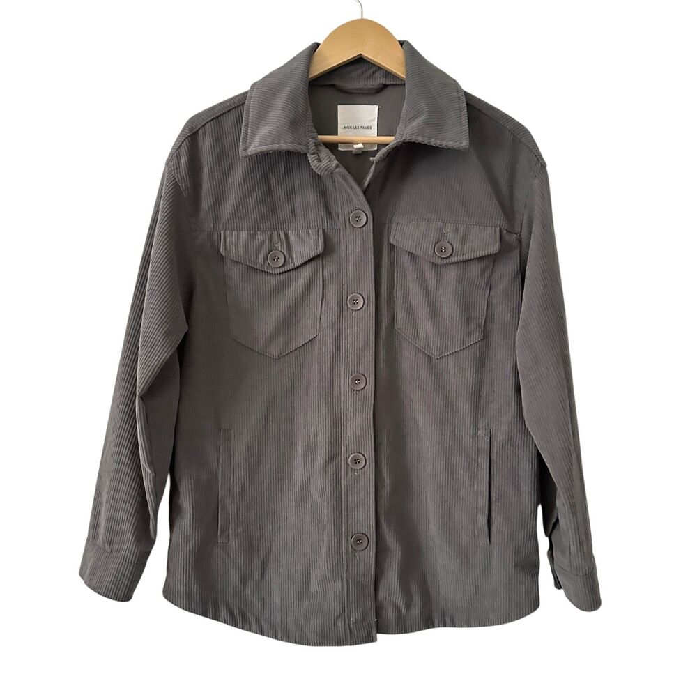 Avec Les Filles Grey Button Up Stretchy Corduroy Shacket Size M